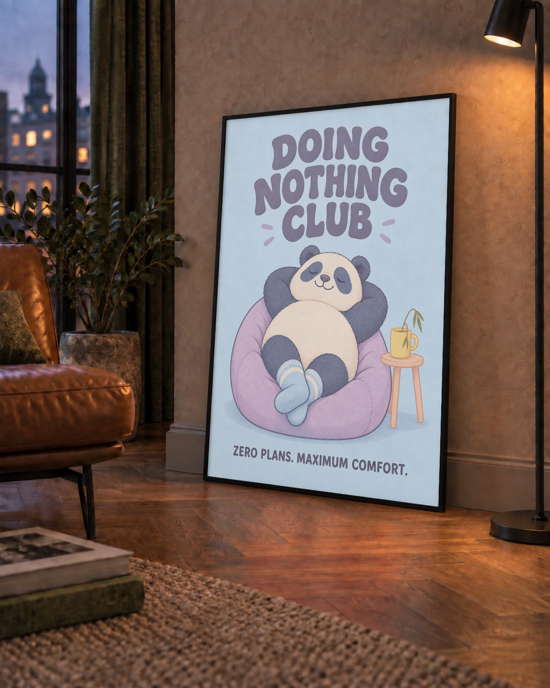 Rahatlayan Panda: Dijital İllüstrasyon Poster Baskı — çerçeveli hâliyle bir ev duvarında