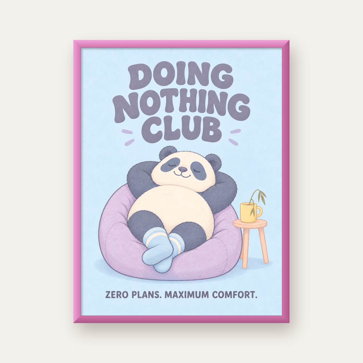 Rahatlayan Panda: Dijital İllüstrasyon Poster Baskı — pembe çerçeveli