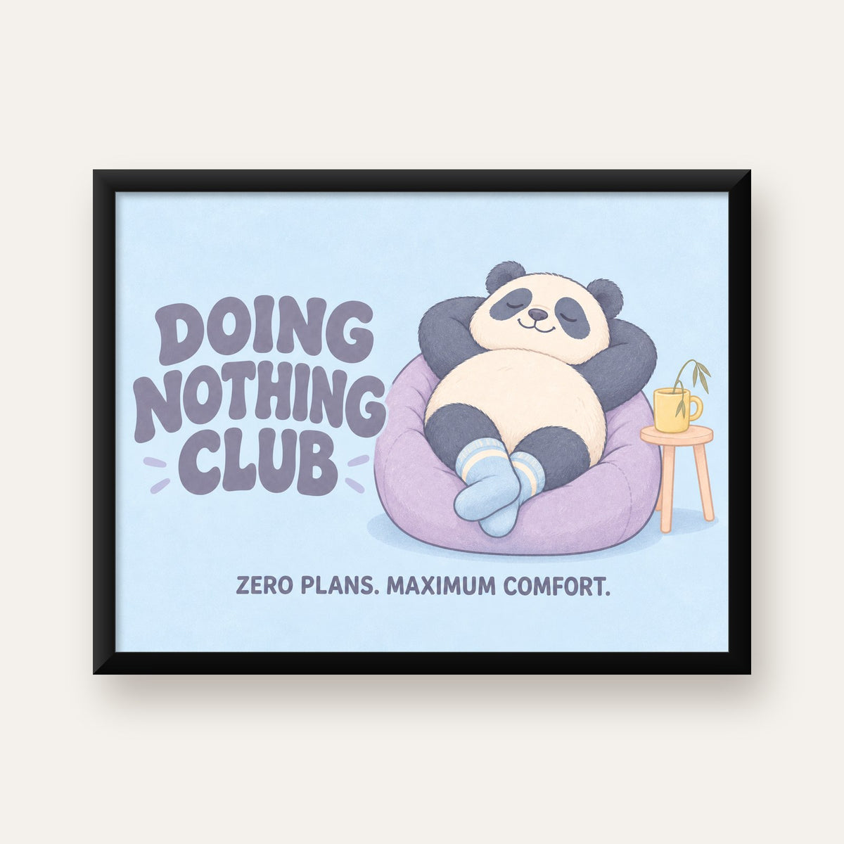 Rahatlayan Panda: Dijital İllüstrasyon Poster Baskı — Yatay baskı, düz siyah çerçeveli duvar posteri