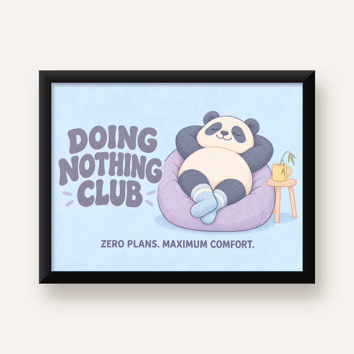 Rahatlayan Panda: Dijital İllüstrasyon Poster Baskı — Yatay baskı, düz siyah çerçeveli duvar posteri