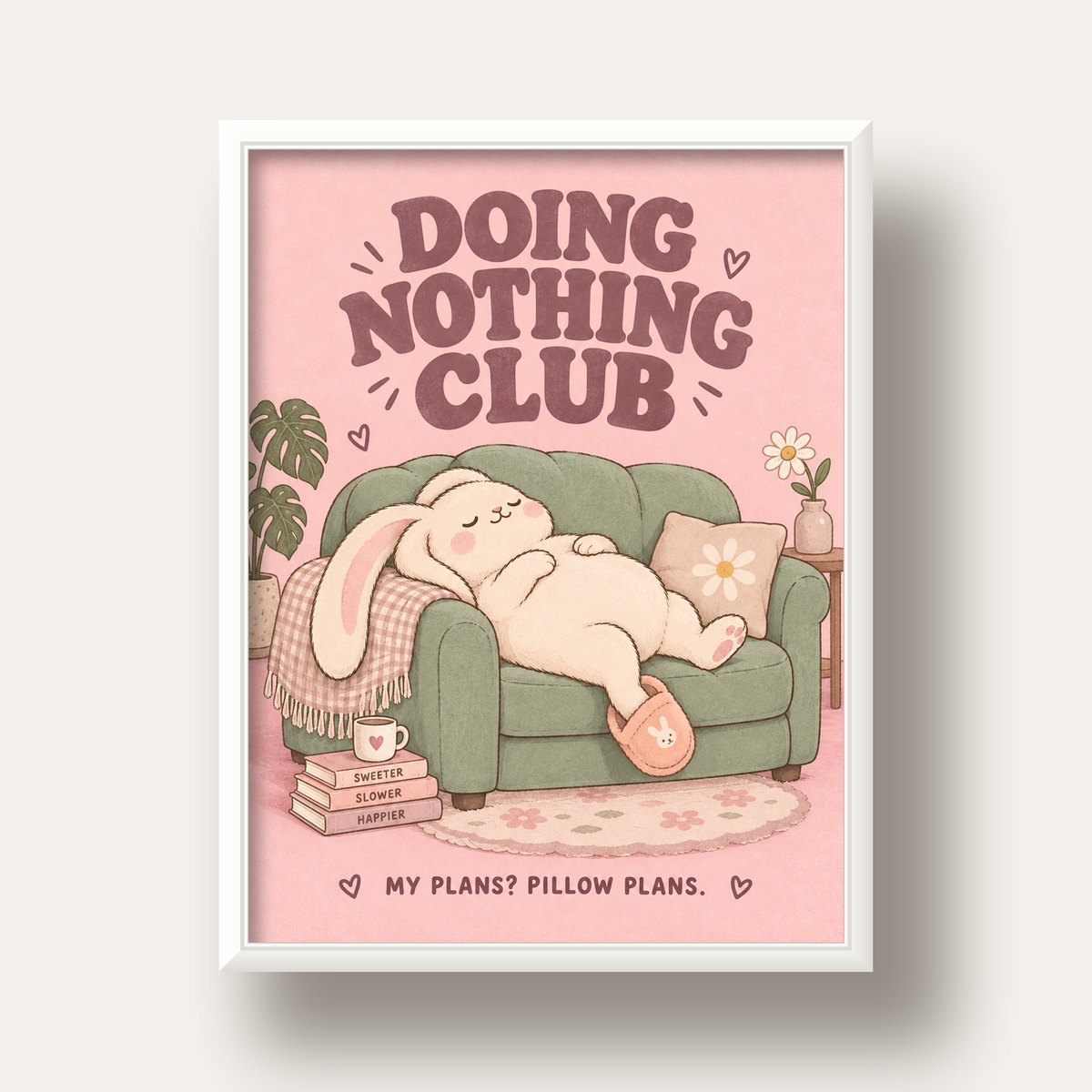 Tembel Tavşan Posteri – Doing Nothing Club, Pastel Çizim — beyaz derin çerçeveli