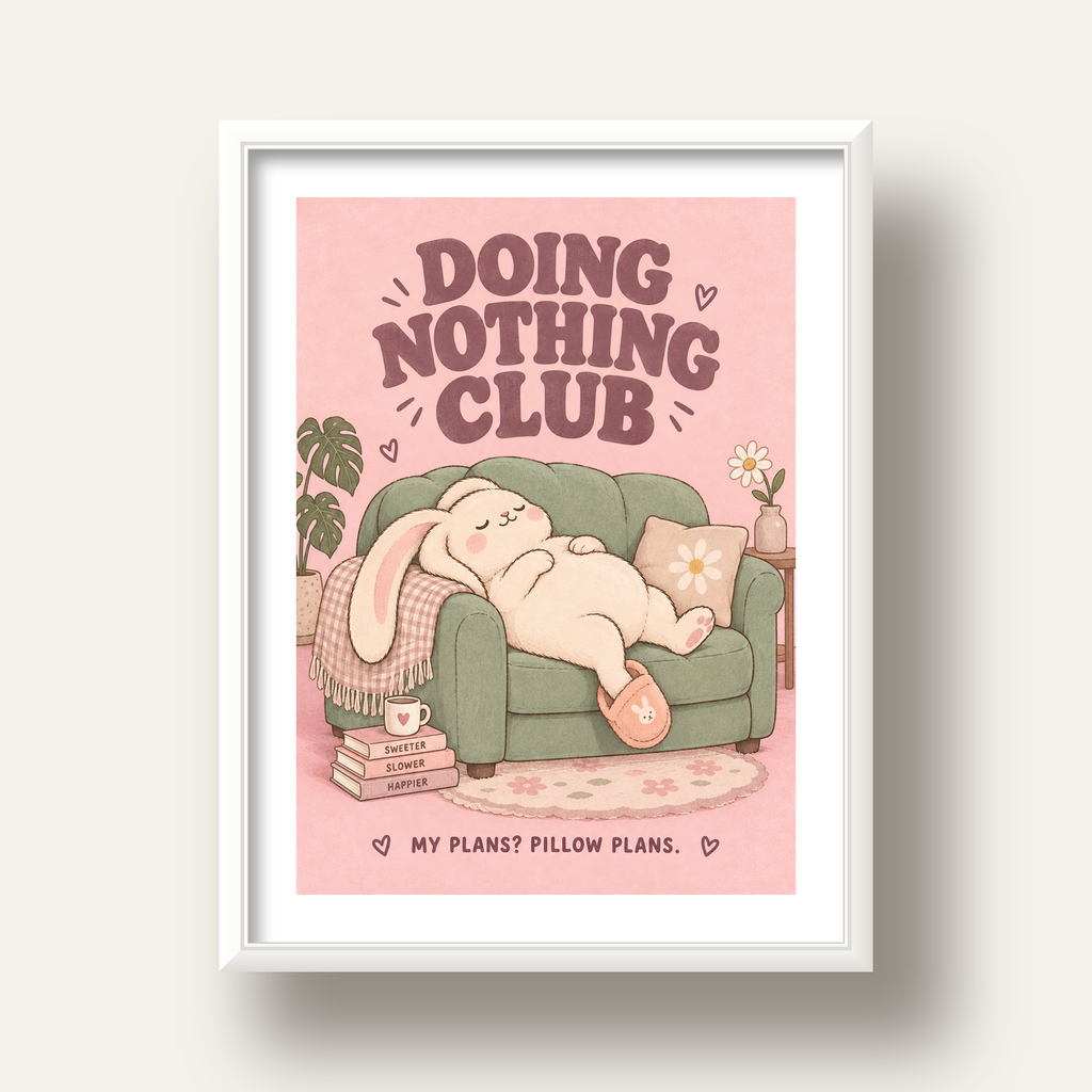 Tembel Tavşan Posteri – Doing Nothing Club, Pastel Çizim — beyaz derin çerçeveli paspartulu
