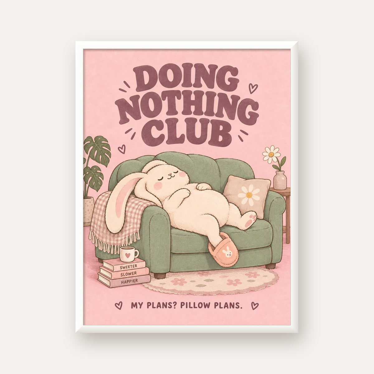 Tembel Tavşan Posteri – Doing Nothing Club, Pastel Çizim — beyaz çerçeveli dikey poster