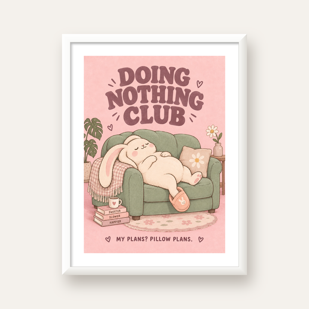 Tembel Tavşan Posteri – Doing Nothing Club, Pastel Çizim — beyaz çerçeveli dikey poster