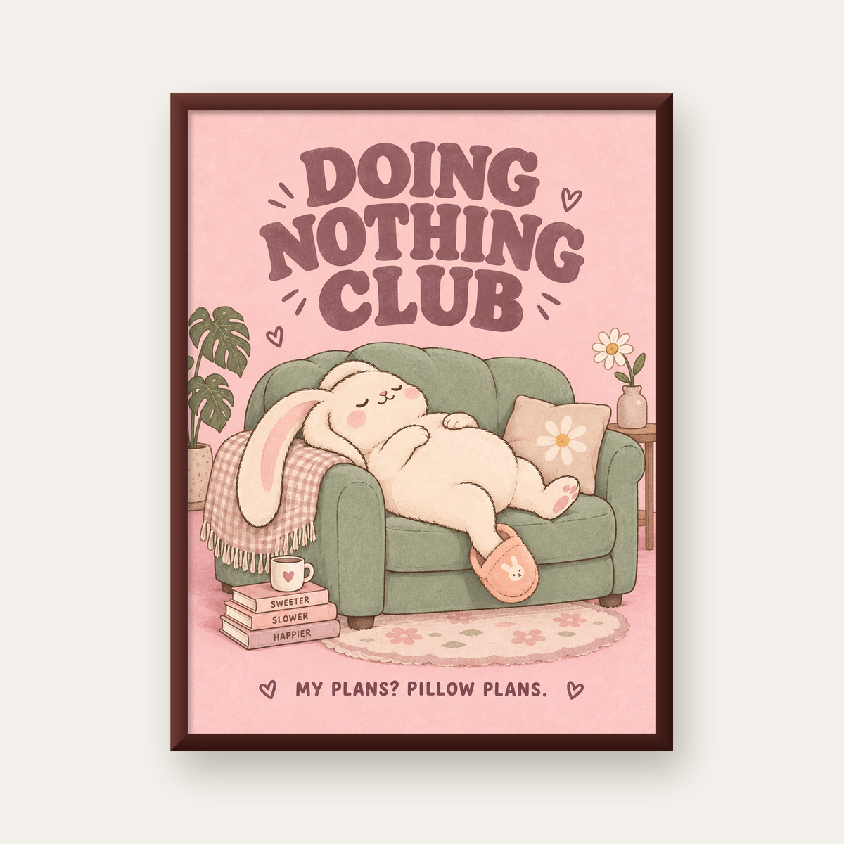 Tembel Tavşan Posteri – Doing Nothing Club, Pastel Çizim — ceviz çerçeveli