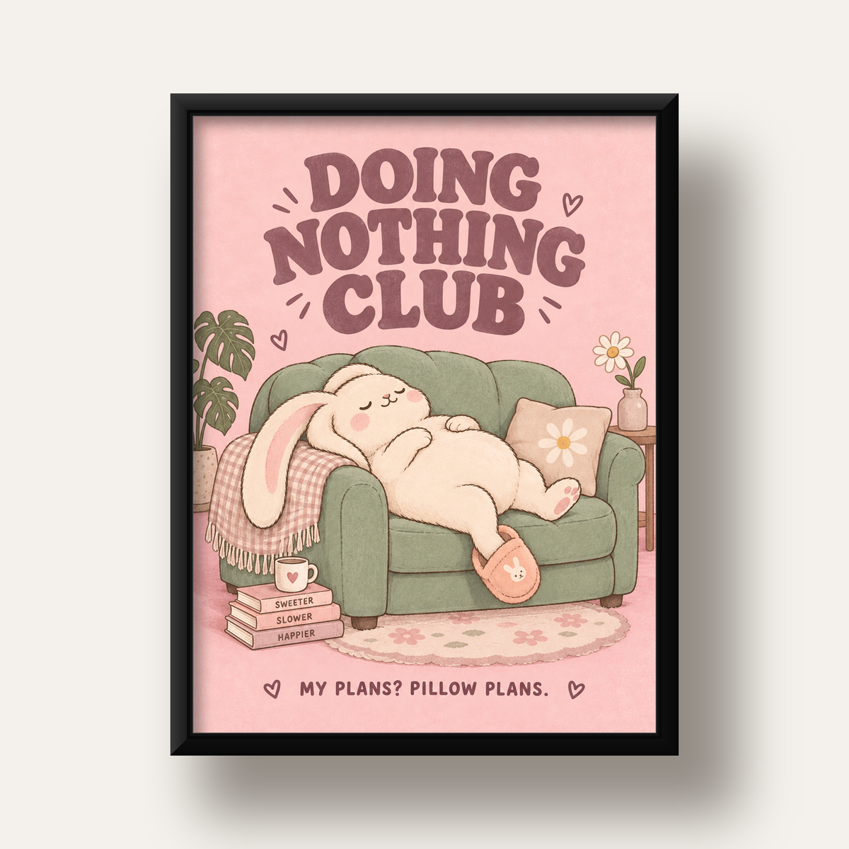 Tembel Tavşan Posteri – Doing Nothing Club, Pastel Çizim — siyah derin çerçeveli