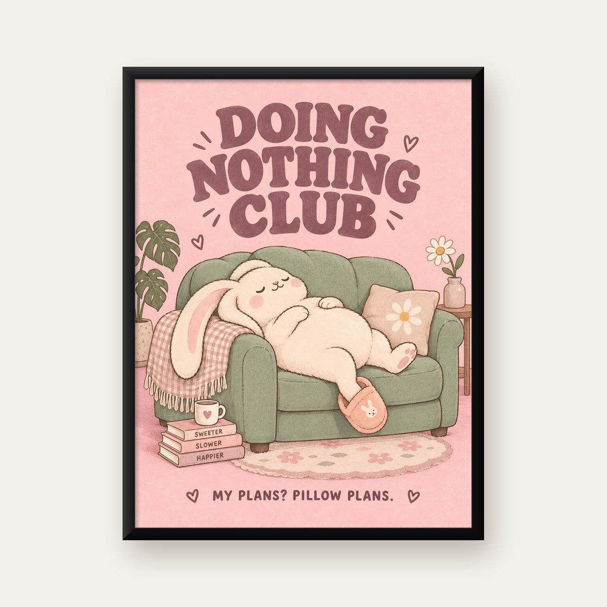 Tembel Tavşan Posteri – Doing Nothing Club, Pastel Çizim — Dikey baskı, düz siyah çerçeveli duvar posteri