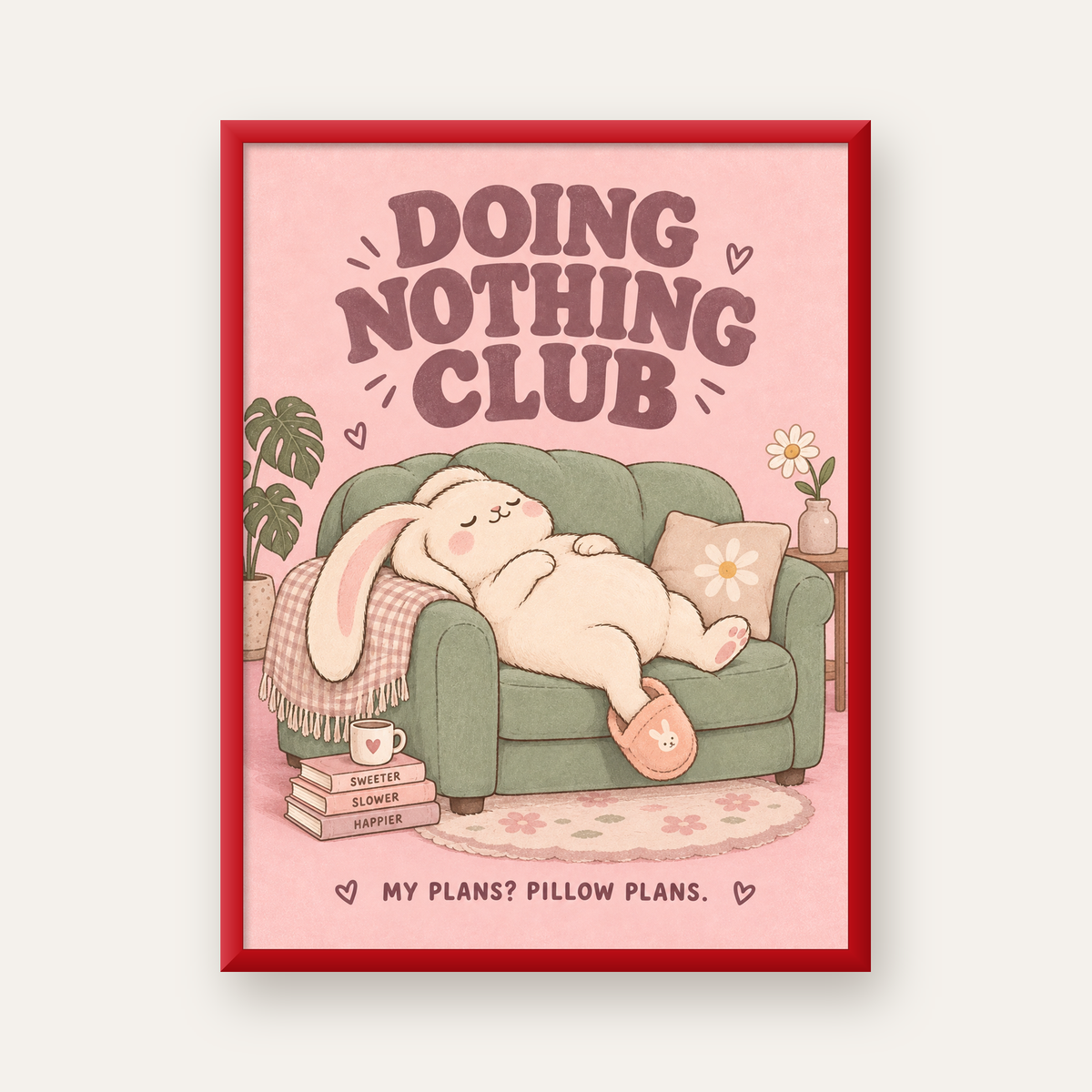 Tembel Tavşan Posteri – Doing Nothing Club, Pastel Çizim — kırmızı çerçeveli