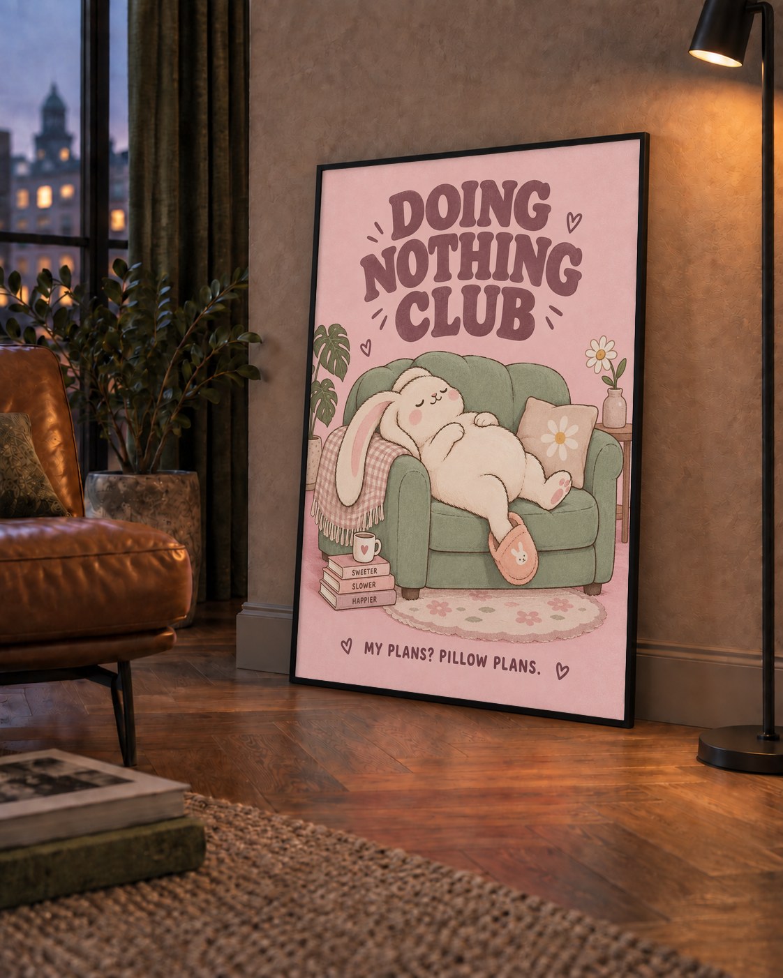 Tembel Tavşan Posteri – Doing Nothing Club, Pastel Çizim — çerçeveli hâliyle bir ev duvarında