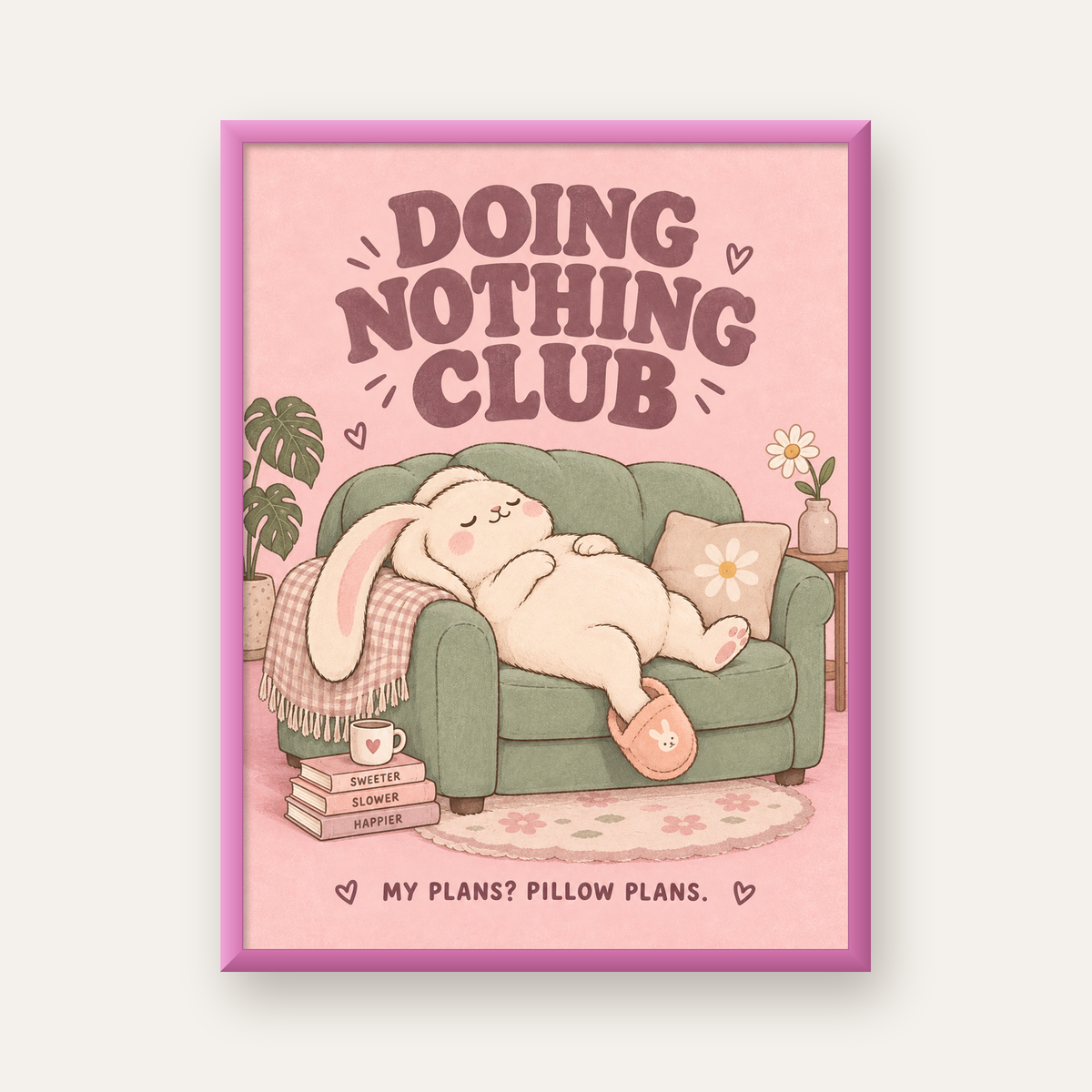 Tembel Tavşan Posteri – Doing Nothing Club, Pastel Çizim — pembe çerçeveli