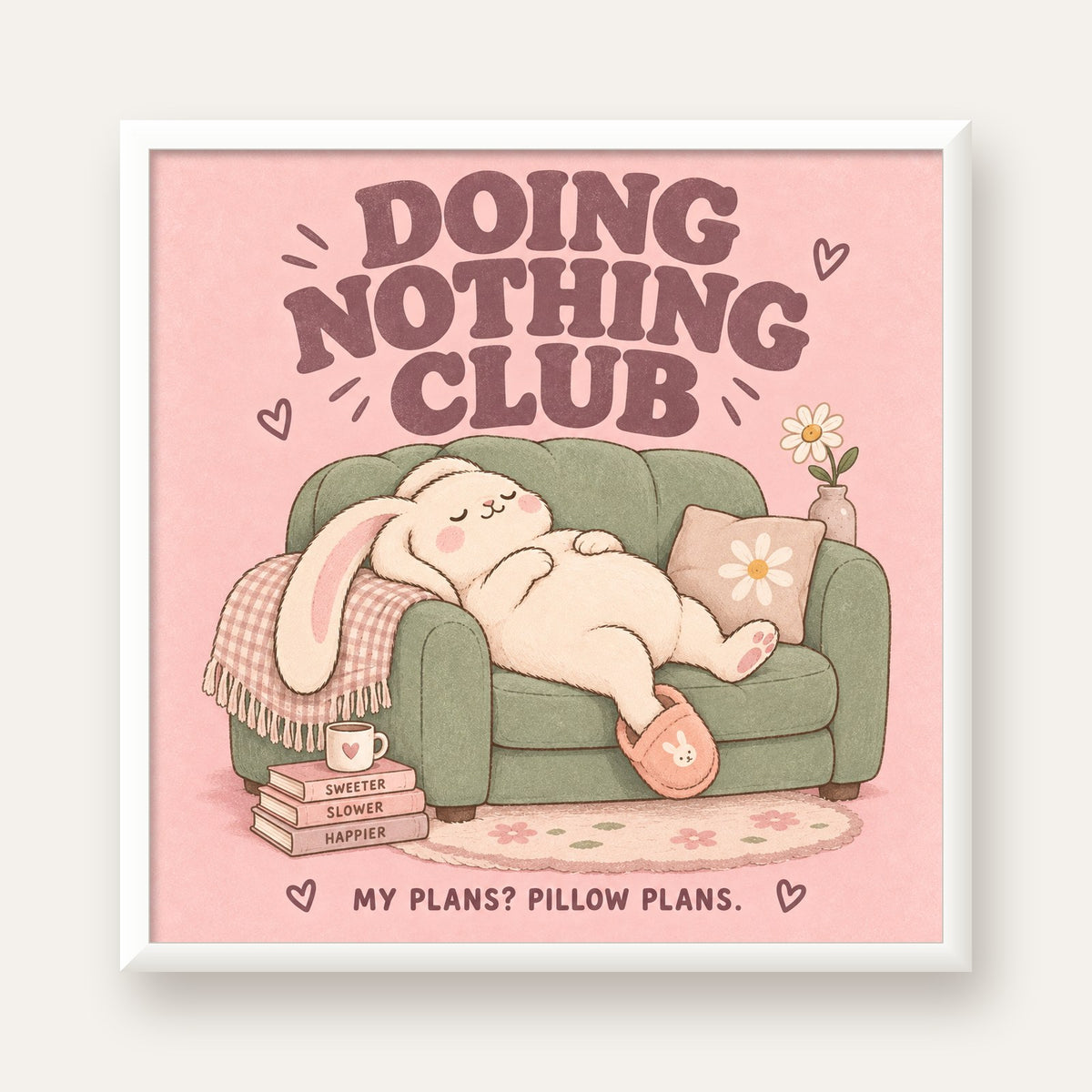 Tembel Tavşan Posteri – Doing Nothing Club, Pastel Çizim — beyaz çerçeveli kare poster