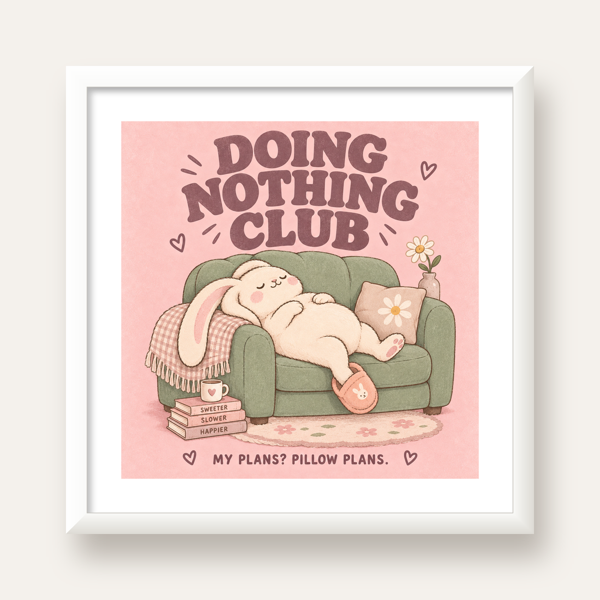 Tembel Tavşan Posteri – Doing Nothing Club, Pastel Çizim — beyaz çerçeveli kare poster