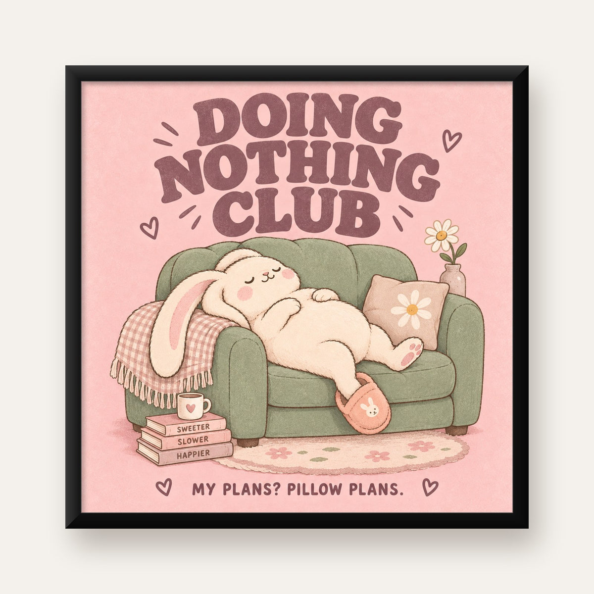 Tembel Tavşan Posteri – Doing Nothing Club, Pastel Çizim — Kare baskı, düz siyah çerçeveli duvar posteri