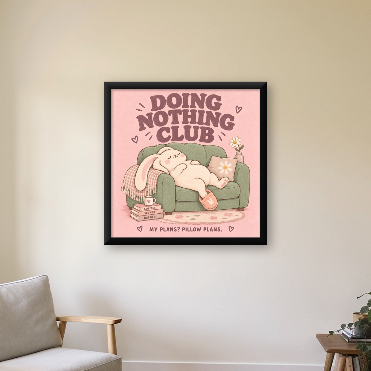 Tembel Tavşan Posteri – Doing Nothing Club, Pastel Çizim — Kare baskı, çerçeveli hâliyle bir ev duvarında