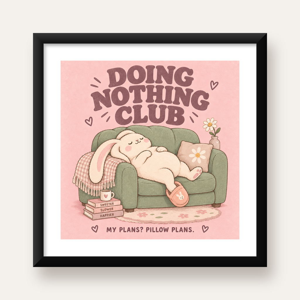 Tembel Tavşan Posteri – Doing Nothing Club, Pastel Çizim — Kare baskı, beyaz paspartulu