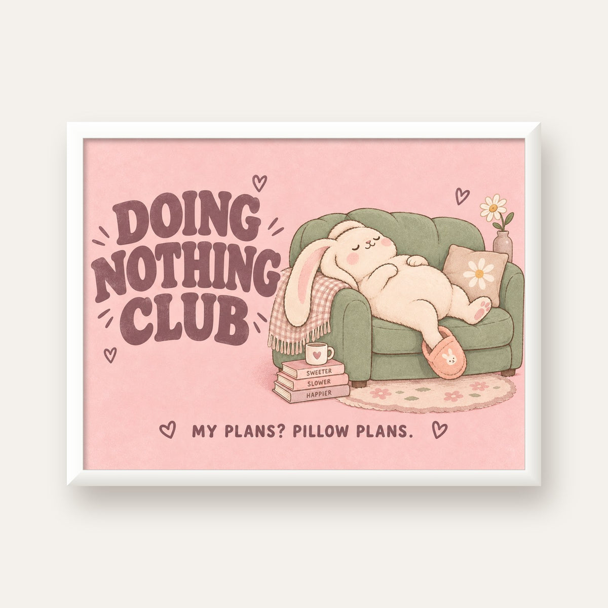 Tembel Tavşan Posteri – Doing Nothing Club, Pastel Çizim — beyaz çerçeveli yatay poster