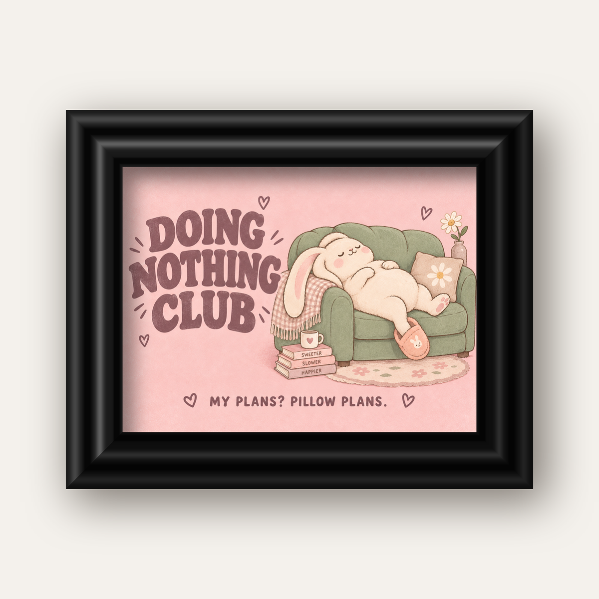 Tembel Tavşan Posteri – Doing Nothing Club, Pastel Çizim — siyah galeri çerçeveli