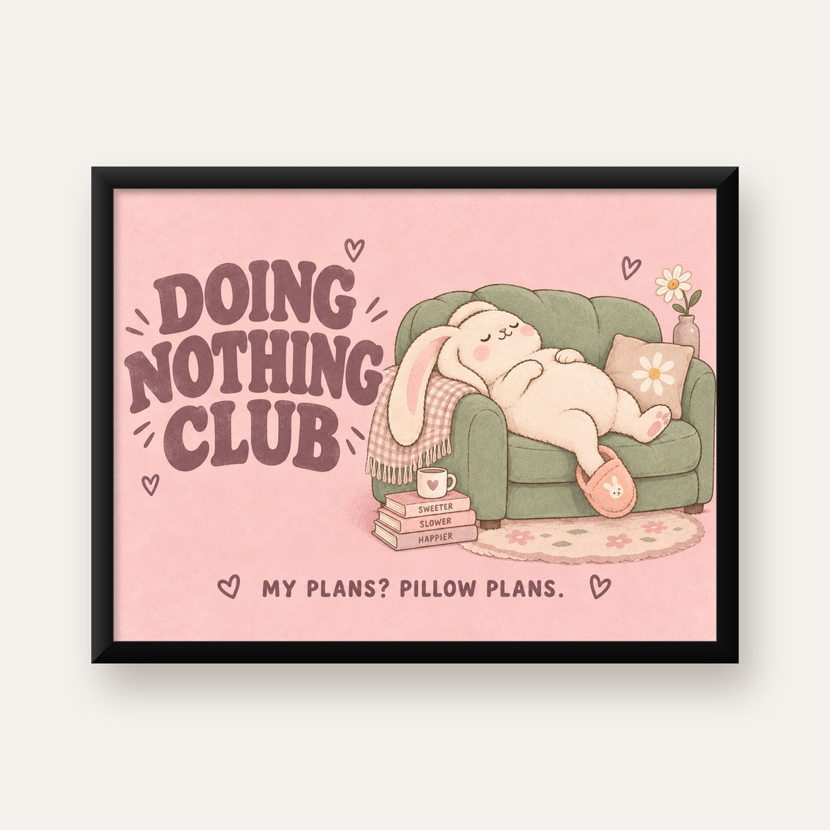 Tembel Tavşan Posteri – Doing Nothing Club, Pastel Çizim — Yatay baskı, düz siyah çerçeveli duvar posteri