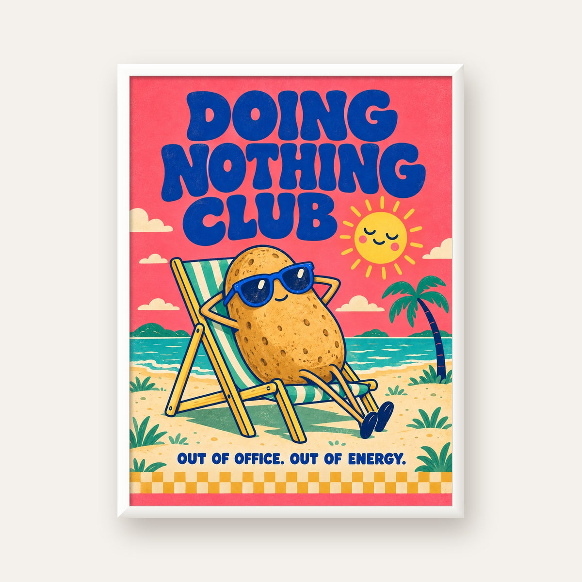 Tembel Patates Tatil Kulübü Renkli Poster – Eğlenceli Duvar Dekoru — beyaz çerçeveli dikey poster
