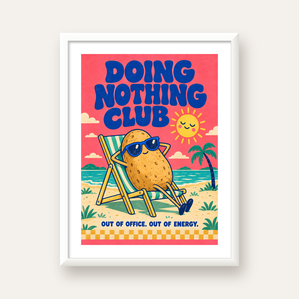 Tembel Patates Tatil Kulübü Renkli Poster – Eğlenceli Duvar Dekoru — beyaz çerçeveli dikey poster