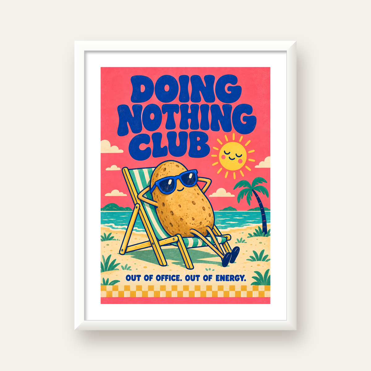 Tembel Patates Tatil Kulübü Renkli Poster – Eğlenceli Duvar Dekoru — beyaz çerçeveli dikey poster