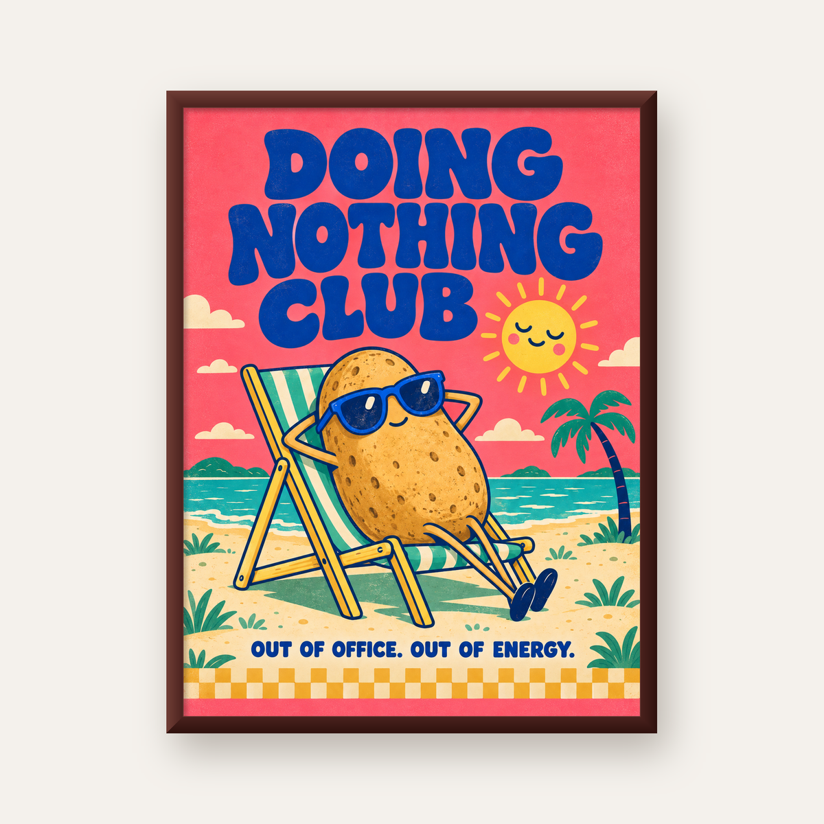 Tembel Patates Tatil Kulübü Renkli Poster – Eğlenceli Duvar Dekoru — ceviz çerçeveli