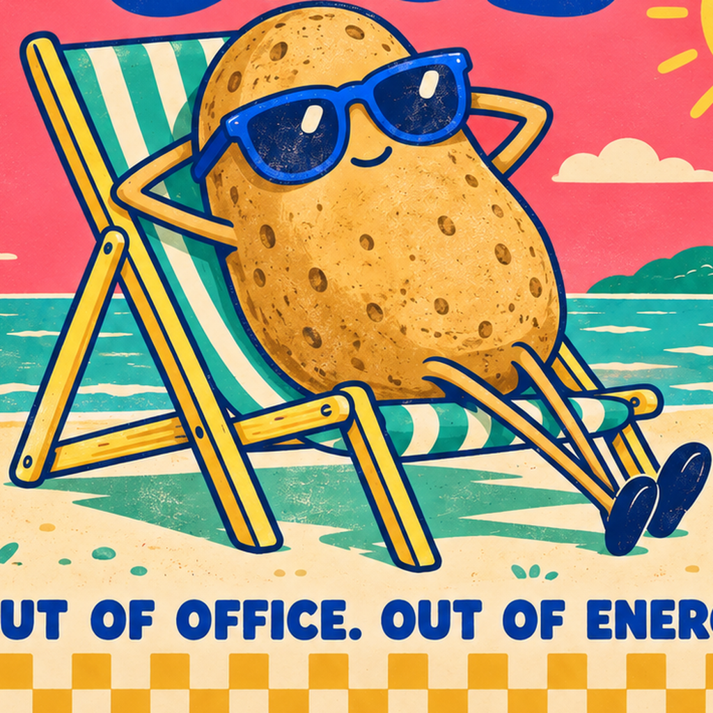 Tembel Patates Tatil Kulübü Renkli Poster – Eğlenceli Duvar Dekoru — baskının yakın çekimi, kâğıt dokusu ve renk detayı