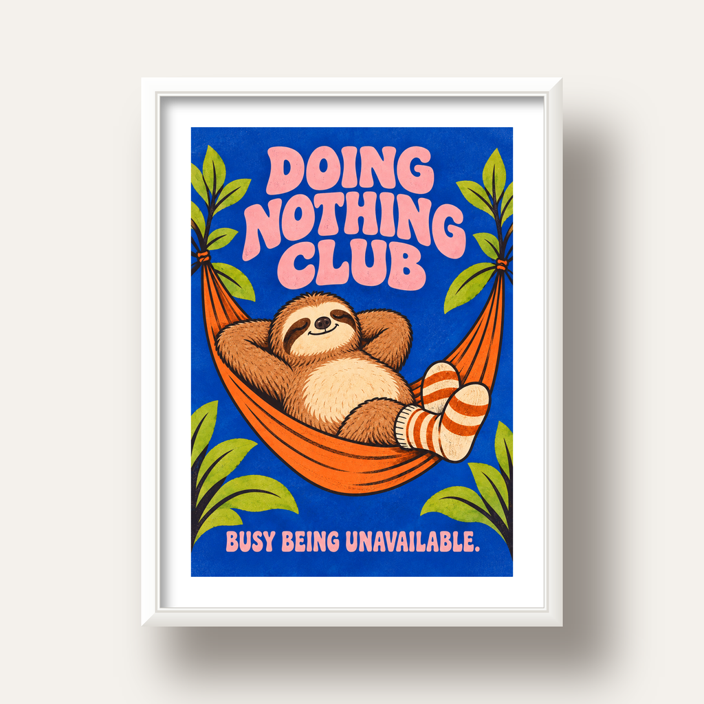 Tembel Hayvan ve Hamak Poster – Doing Nothing Club Dekor — beyaz derin çerçeveli paspartulu