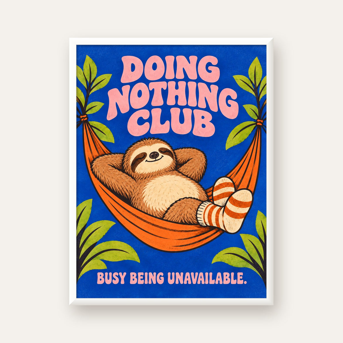 Tembel Hayvan ve Hamak Poster – Doing Nothing Club Dekor — beyaz çerçeveli dikey poster