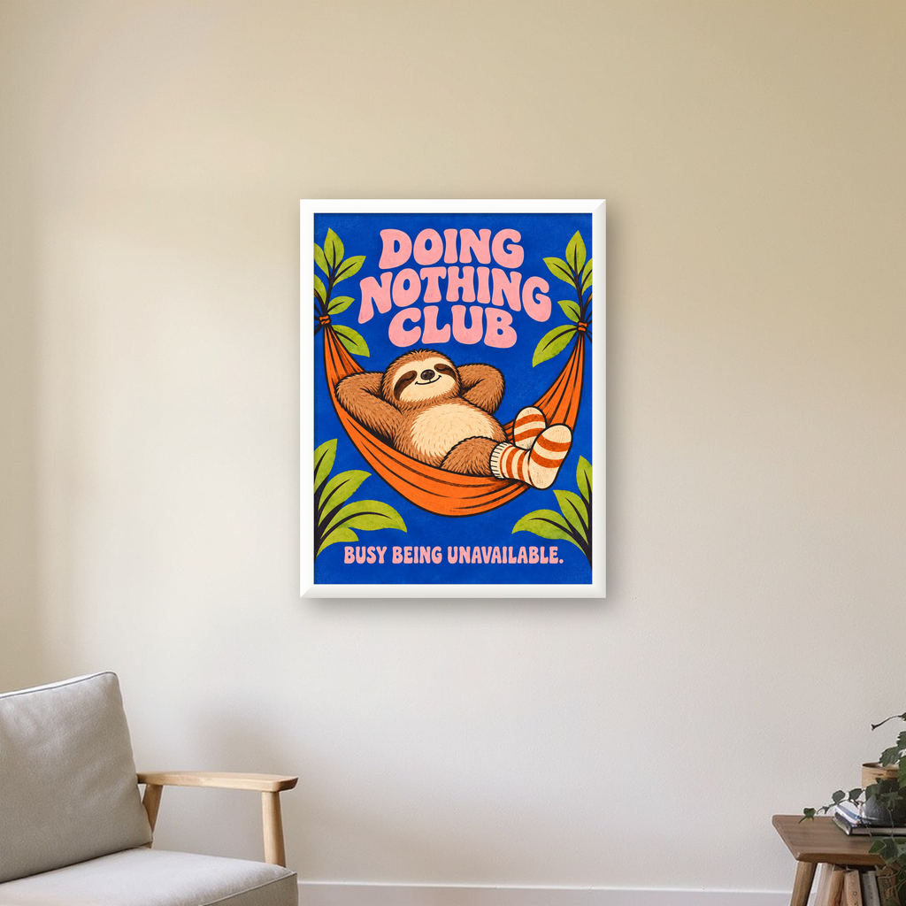 Tembel Hayvan ve Hamak Poster – Doing Nothing Club Dekor — beyaz çerçeveli dikey poster