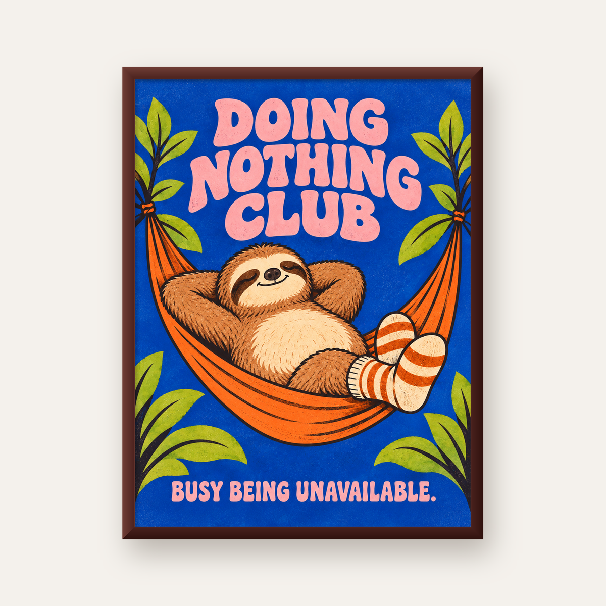 Tembel Hayvan ve Hamak Poster – Doing Nothing Club Dekor — ceviz çerçeveli