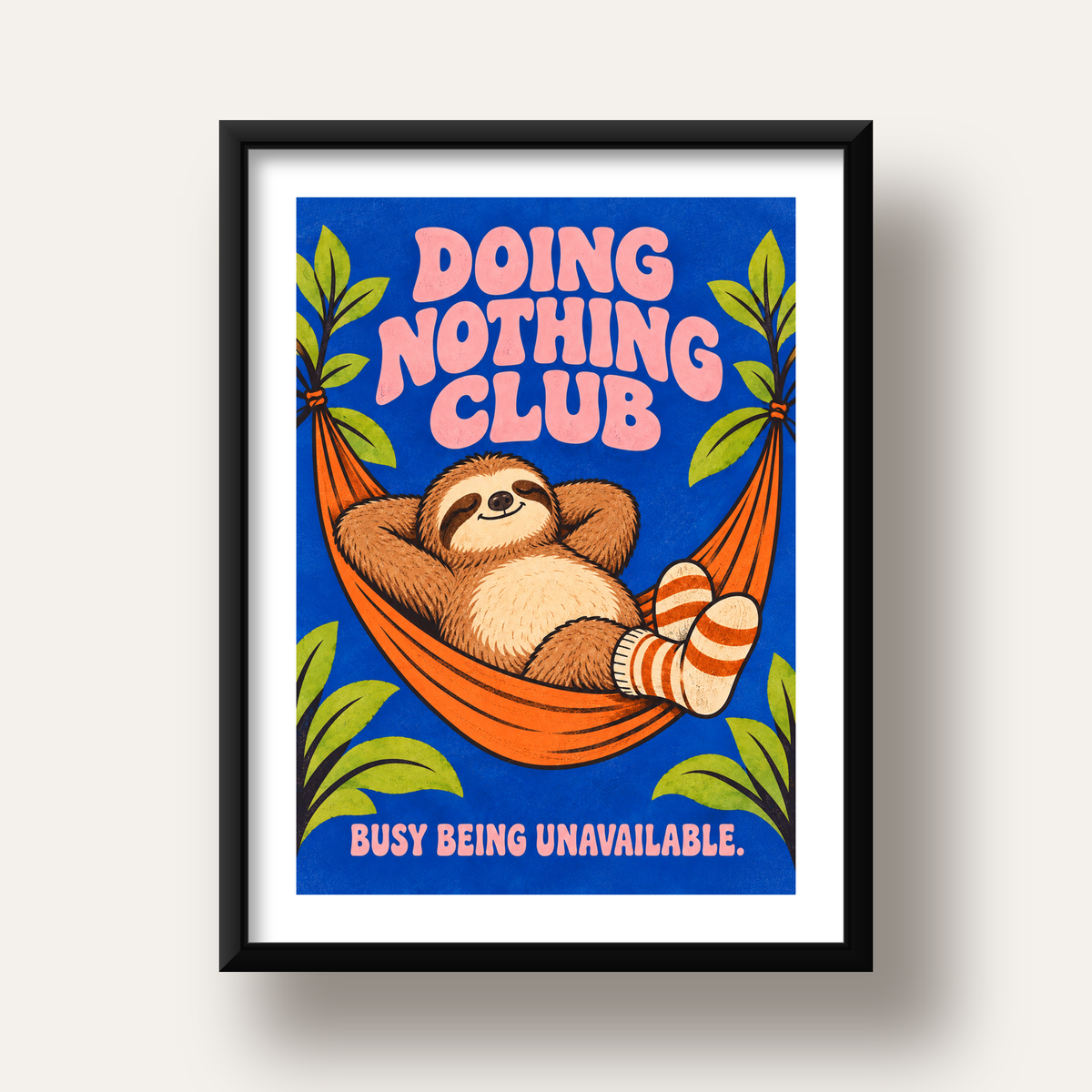 Tembel Hayvan ve Hamak Poster – Doing Nothing Club Dekor — siyah derin çerçeveli paspartulu