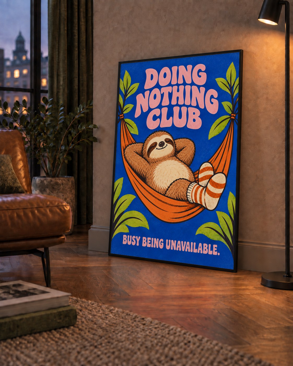 Tembel Hayvan ve Hamak Poster – Doing Nothing Club Dekor — çerçeveli hâliyle bir ev duvarında