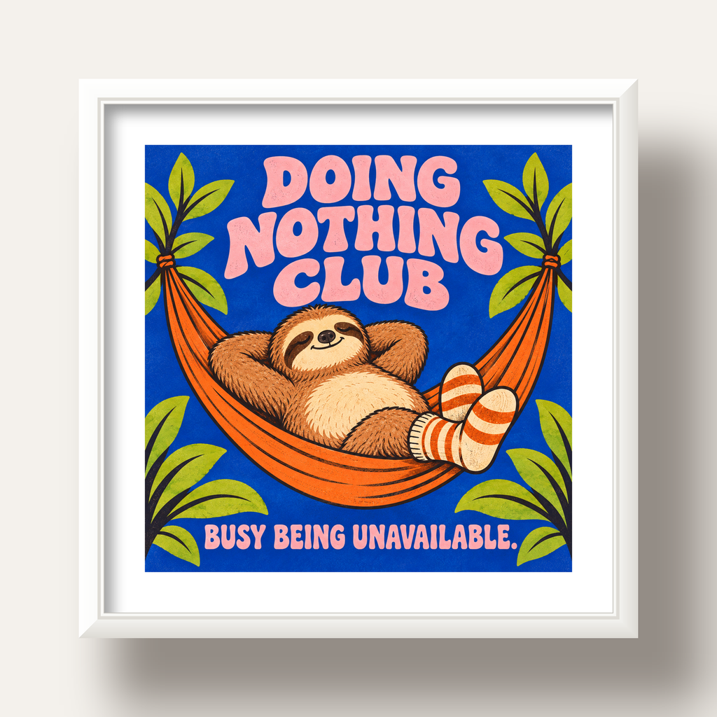 Tembel Hayvan ve Hamak Poster – Doing Nothing Club Dekor — beyaz derin çerçeveli paspartulu