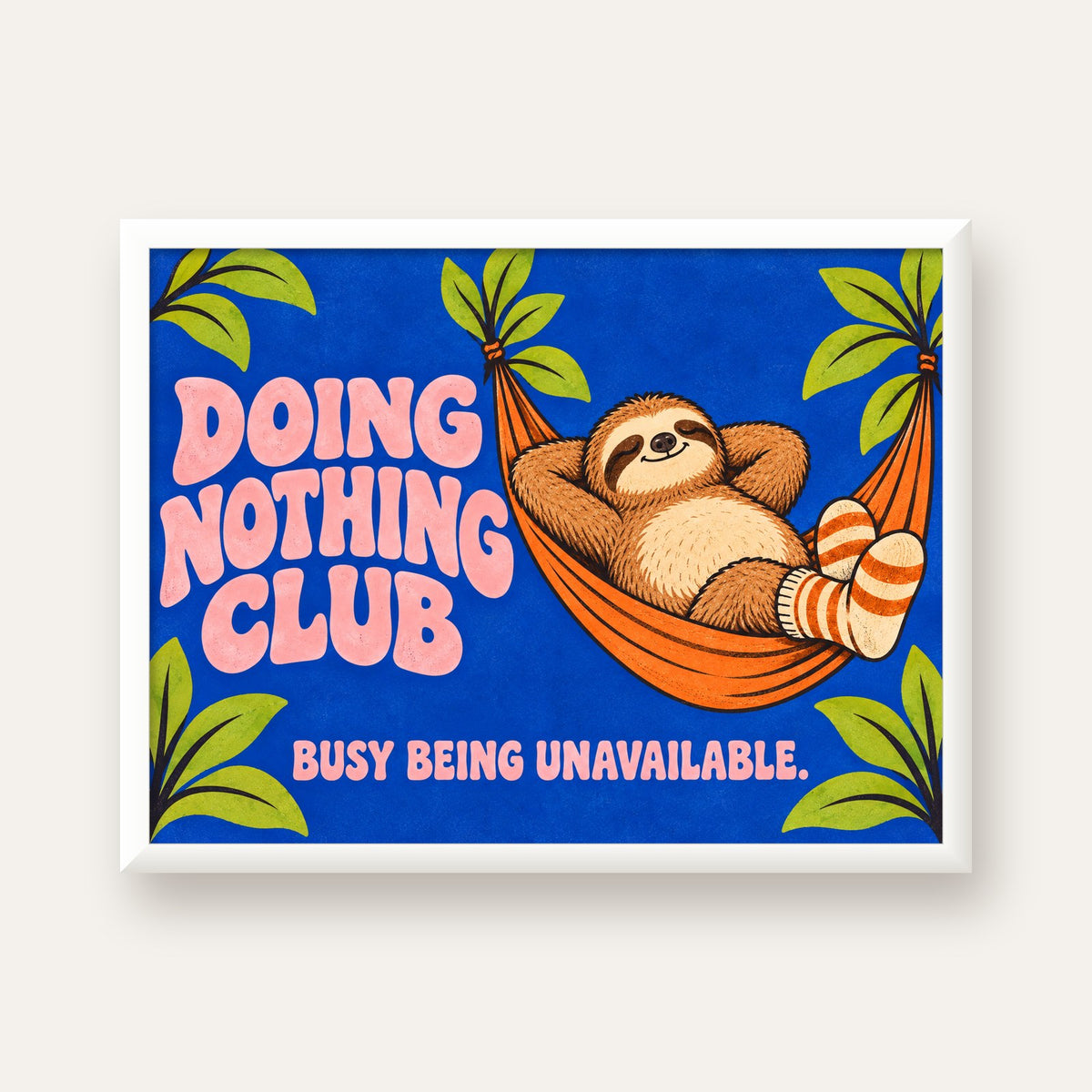 Tembel Hayvan ve Hamak Poster – Doing Nothing Club Dekor — beyaz çerçeveli yatay poster