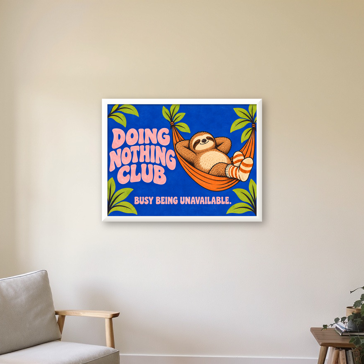 Tembel Hayvan ve Hamak Poster – Doing Nothing Club Dekor — beyaz çerçeveli yatay poster