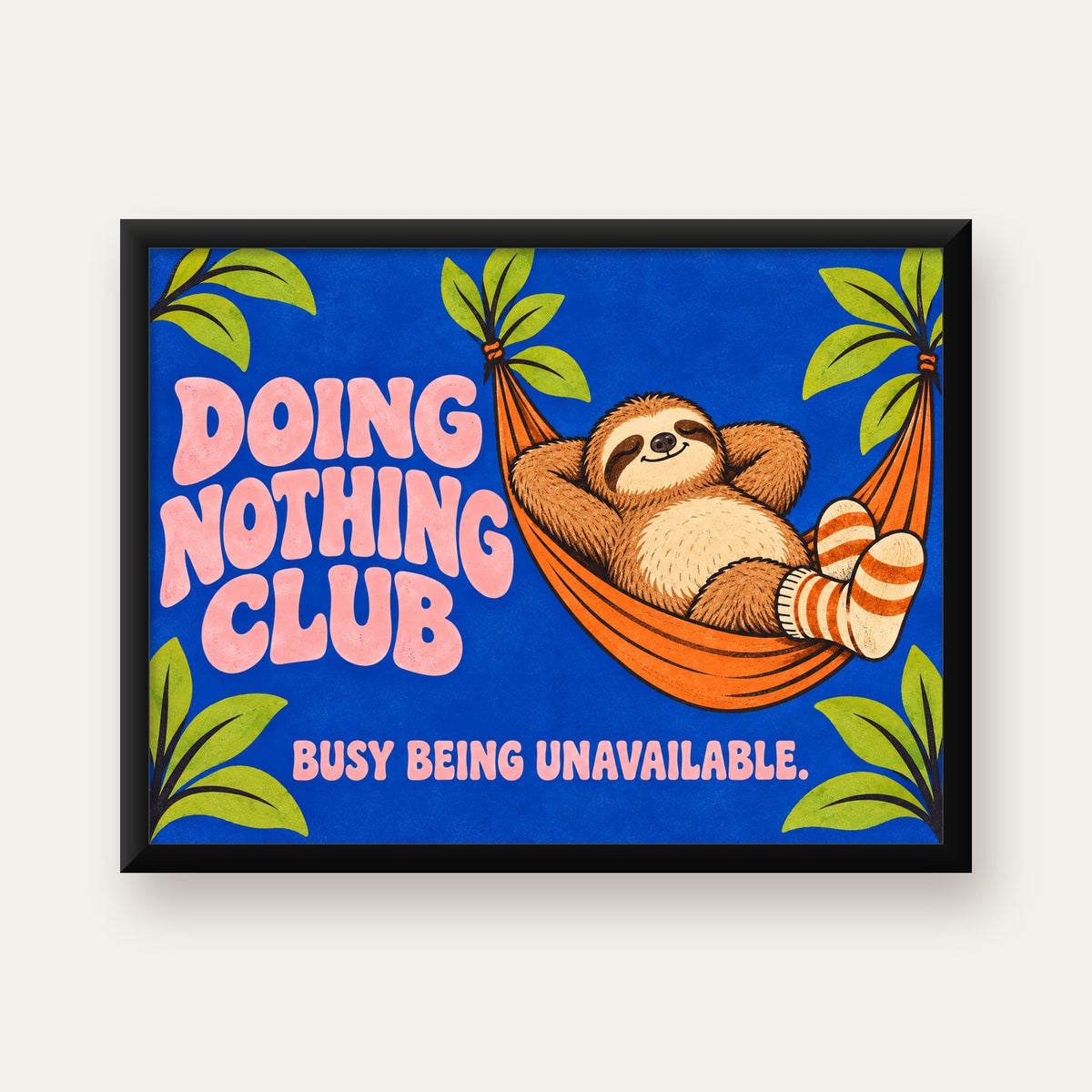Tembel Hayvan ve Hamak Poster – Doing Nothing Club Dekor — Yatay baskı, düz siyah çerçeveli duvar posteri