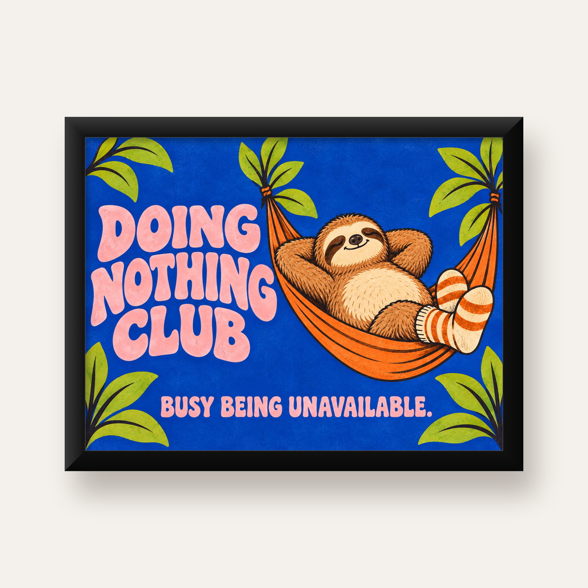 Tembel Hayvan ve Hamak Poster – Doing Nothing Club Dekor — Yatay baskı, düz siyah çerçeveli duvar posteri