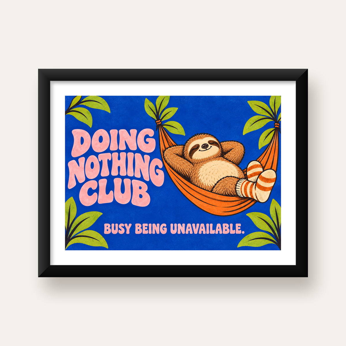 Tembel Hayvan ve Hamak Poster – Doing Nothing Club Dekor — Yatay baskı, beyaz paspartulu