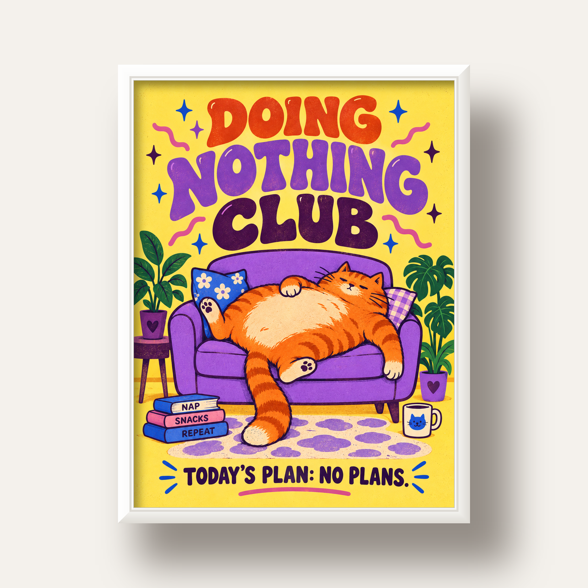 Tembel Kedi ve Rahat Koltuk Renkli Dijital Poster — beyaz derin çerçeveli