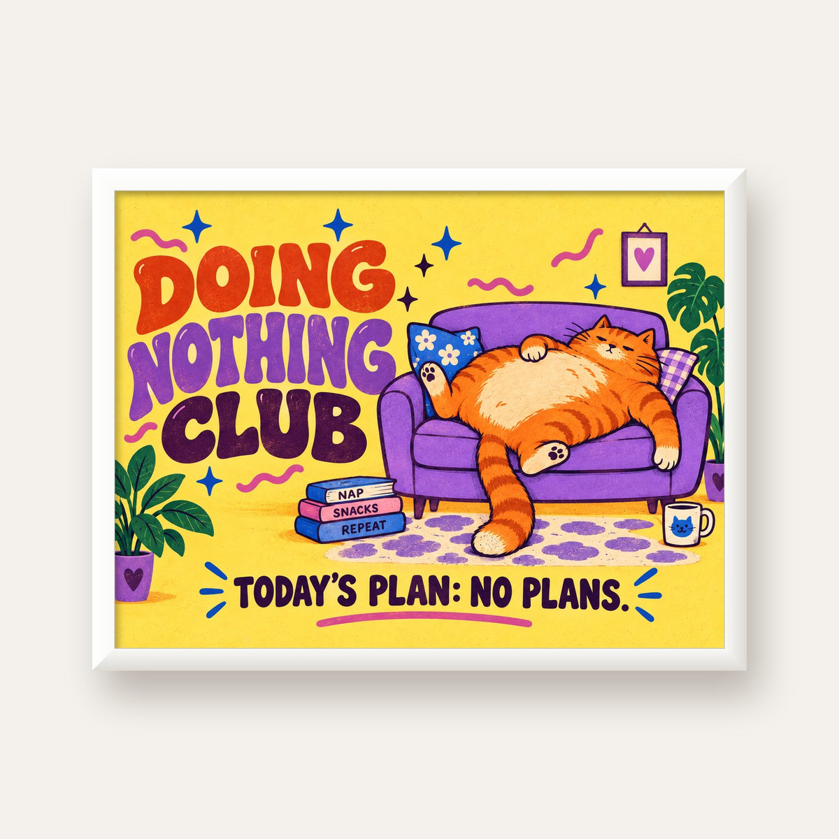 Tembel Kedi ve Rahat Koltuk Renkli Dijital Poster — beyaz çerçeveli yatay poster