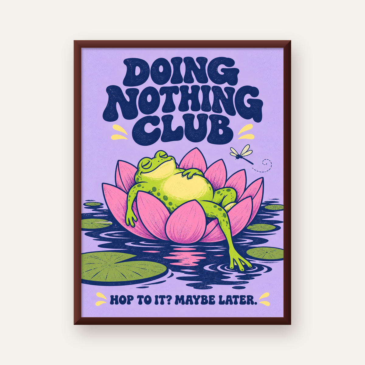 Doing Nothing Club Kurbağa Dekoratif Poster - Renkli İllüstrasyon — ceviz çerçeveli
