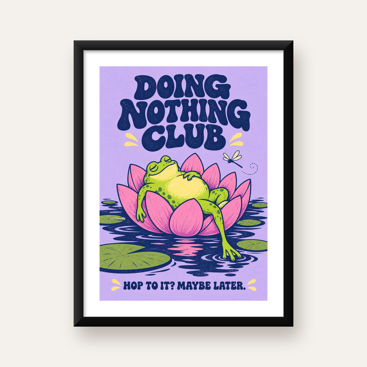 Doing Nothing Club Kurbağa Dekoratif Poster - Renkli İllüstrasyon — Dikey baskı, beyaz paspartulu