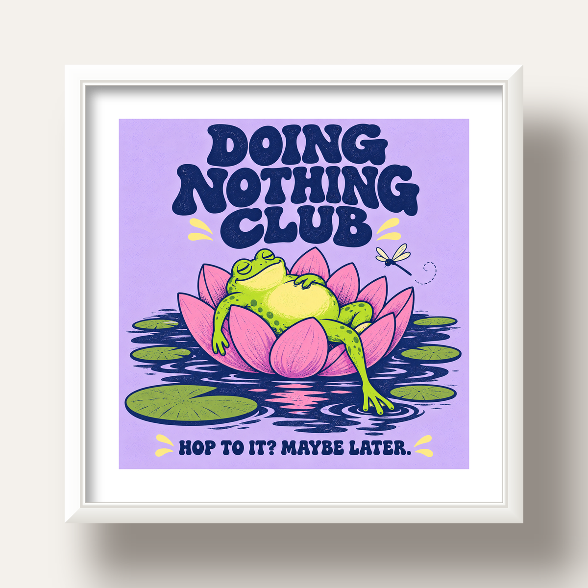 Doing Nothing Club Kurbağa Dekoratif Poster - Renkli İllüstrasyon — beyaz derin çerçeveli paspartulu