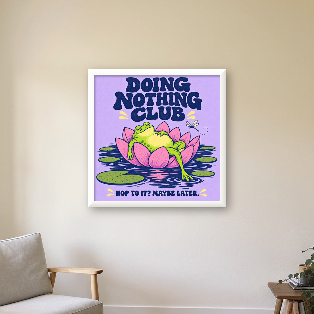 Doing Nothing Club Kurbağa Dekoratif Poster - Renkli İllüstrasyon — beyaz çerçeveli kare poster