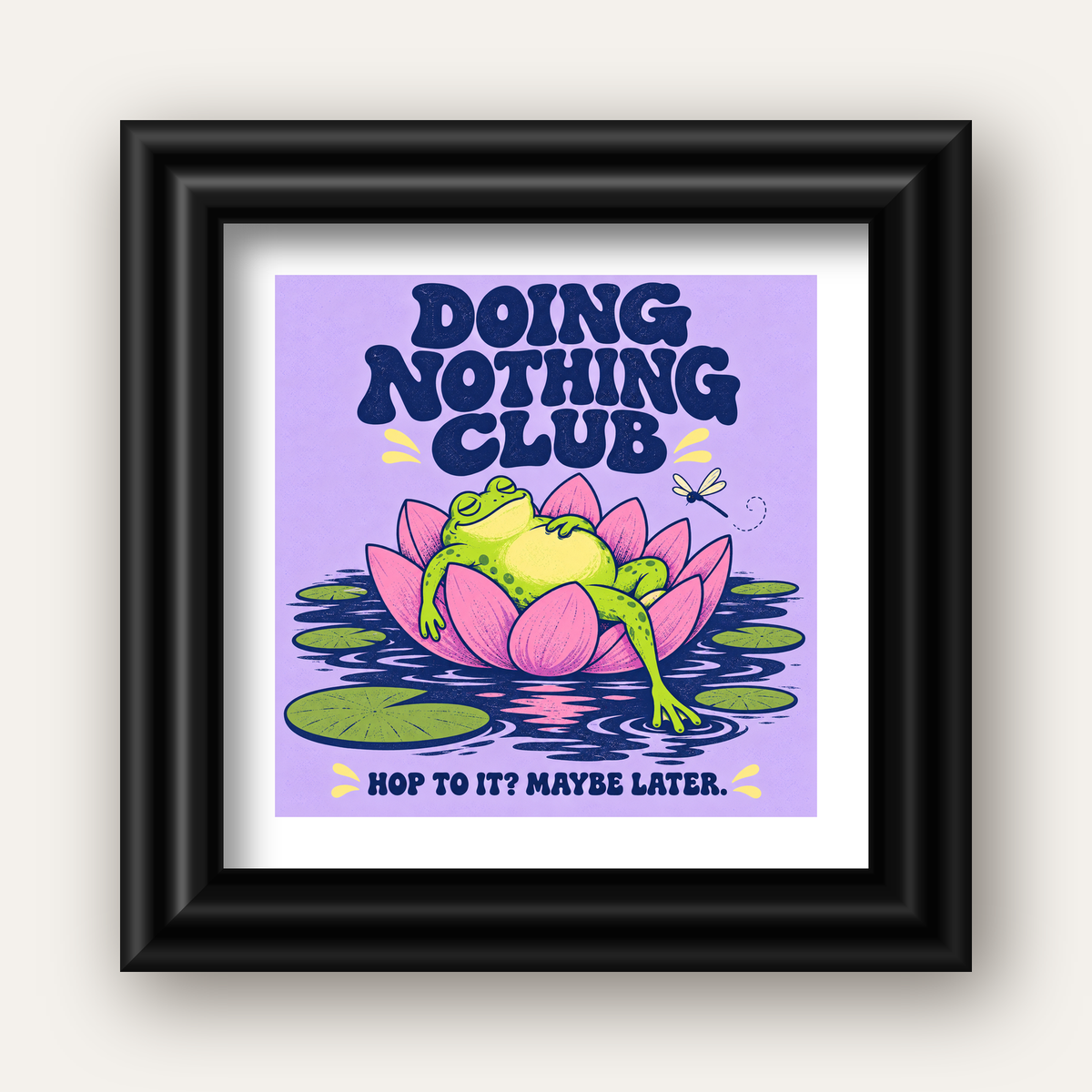 Doing Nothing Club Kurbağa Dekoratif Poster - Renkli İllüstrasyon — siyah galeri çerçeveli paspartulu