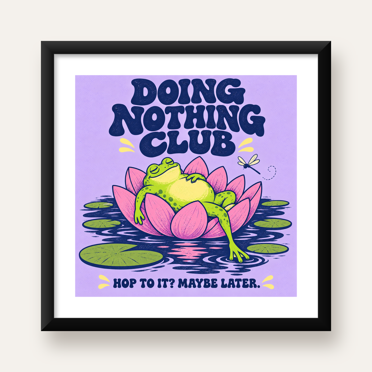 Doing Nothing Club Kurbağa Dekoratif Poster - Renkli İllüstrasyon — Kare baskı, beyaz paspartulu