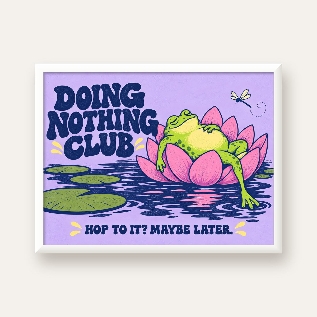 Doing Nothing Club Kurbağa Dekoratif Poster - Renkli İllüstrasyon — beyaz çerçeveli yatay poster