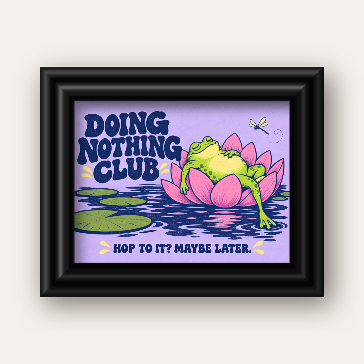 Doing Nothing Club Kurbağa Dekoratif Poster - Renkli İllüstrasyon — siyah galeri çerçeveli