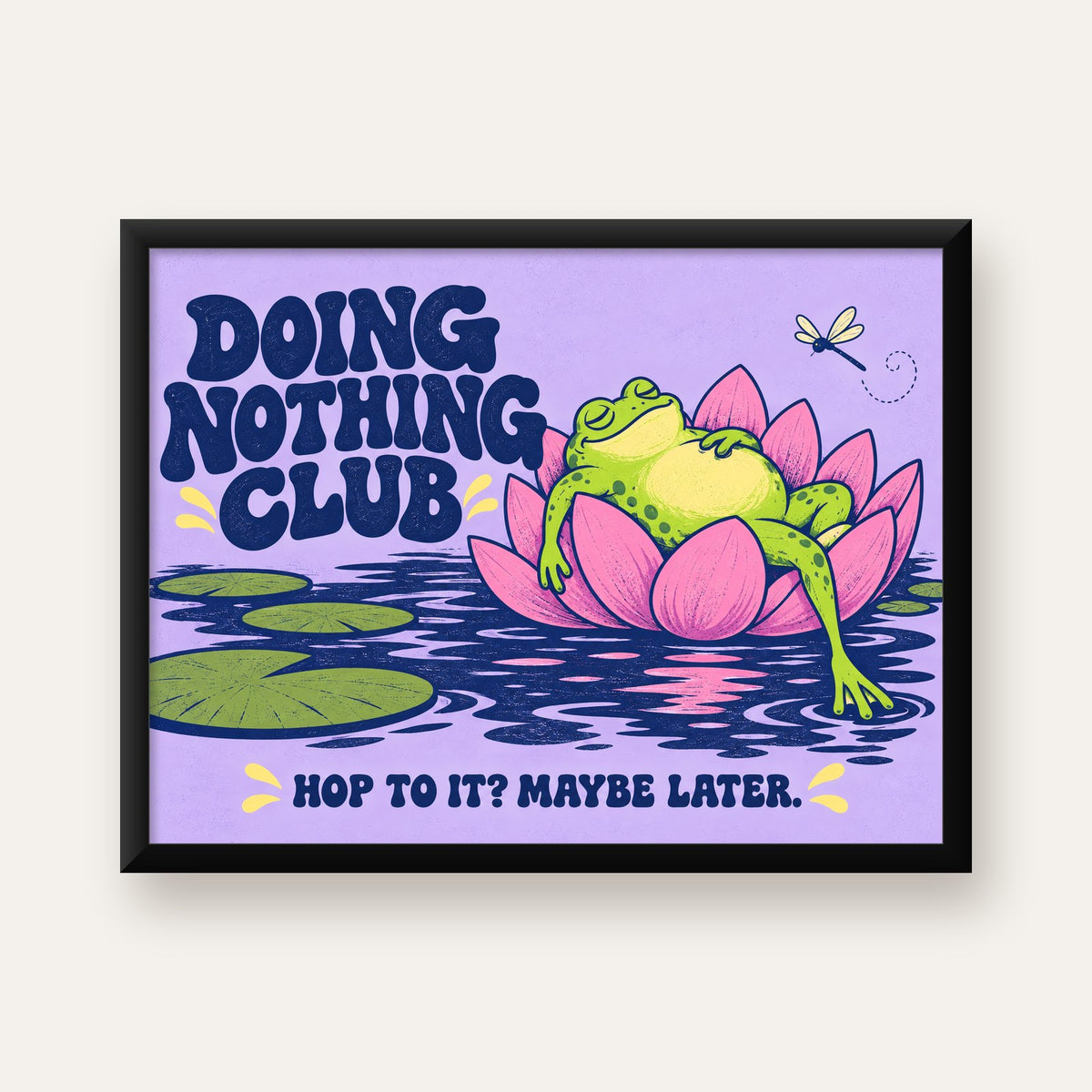 Doing Nothing Club Kurbağa Dekoratif Poster - Renkli İllüstrasyon — Yatay baskı, düz siyah çerçeveli duvar posteri